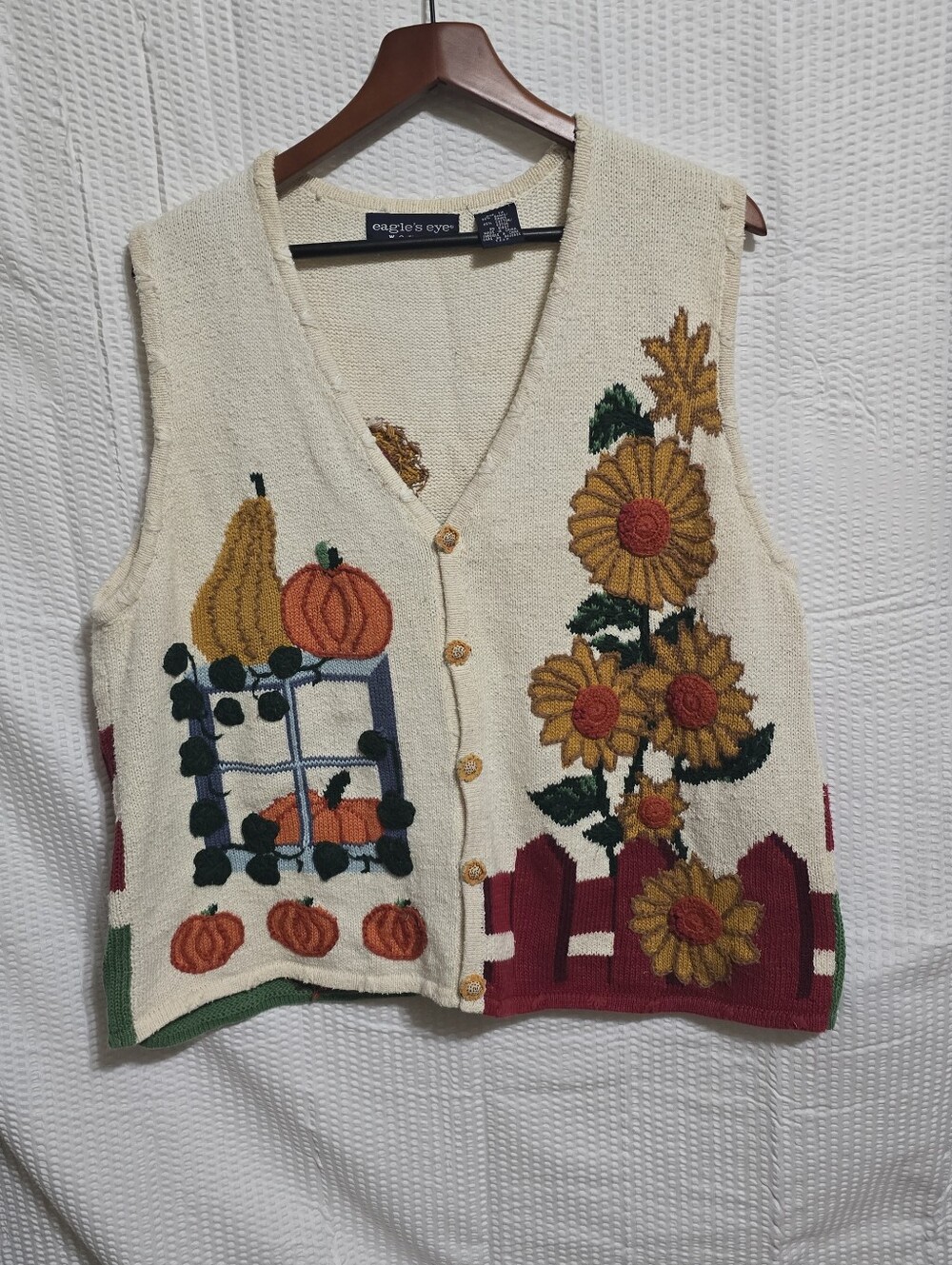 Vintage Eagle’s Eye 1X Fall Harvest Scarecrow Sweater Vest 90s Pumpkin Sunflower